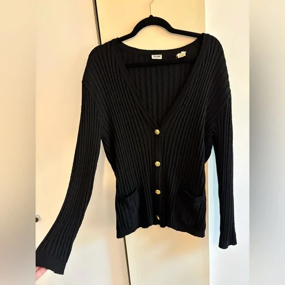 Celine Black 100% Wool Vintage Ribbed Women's Sweater- Large - Picture 1 of 14